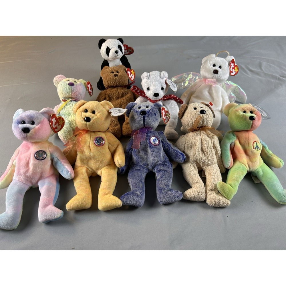 TY Beanie Baby Bear Lot of 10 Peace Birthday Angel Curly Panda Holiday w Tags
